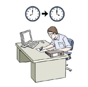 Bild von Mann der an Schreibtisch arbeitet und zwei Uhren