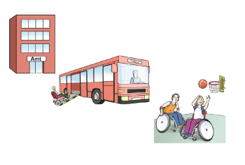 Grafik von Amtgebäude, Buss mit Rollstuhlrampe und zwei Rollstuhlfahrern beim Basketballspielen
