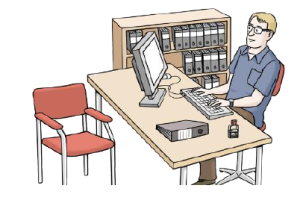 Bild von einem Mann am Schreibtisch, der am Computer arbeitet