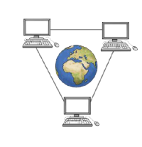 Bild einer Weltkugel und drei verbundenen Computern um sie herum