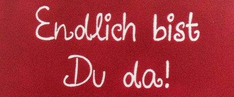 "Endlich bist du da" - Aufdruck auf dem Stammbuch "Endlich bist du da" - Aufdruck auf dem Stammbuch
