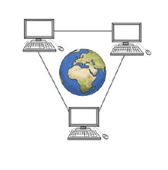 Bild von Weltkugel mit drei verbundenen Computern darum herum