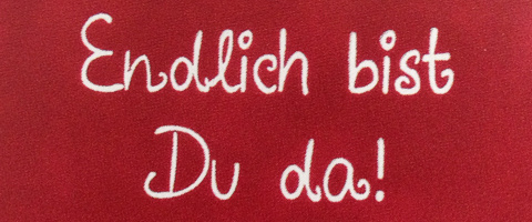 "Endlich bist du da" - Aufdruck auf dem Stammbuch