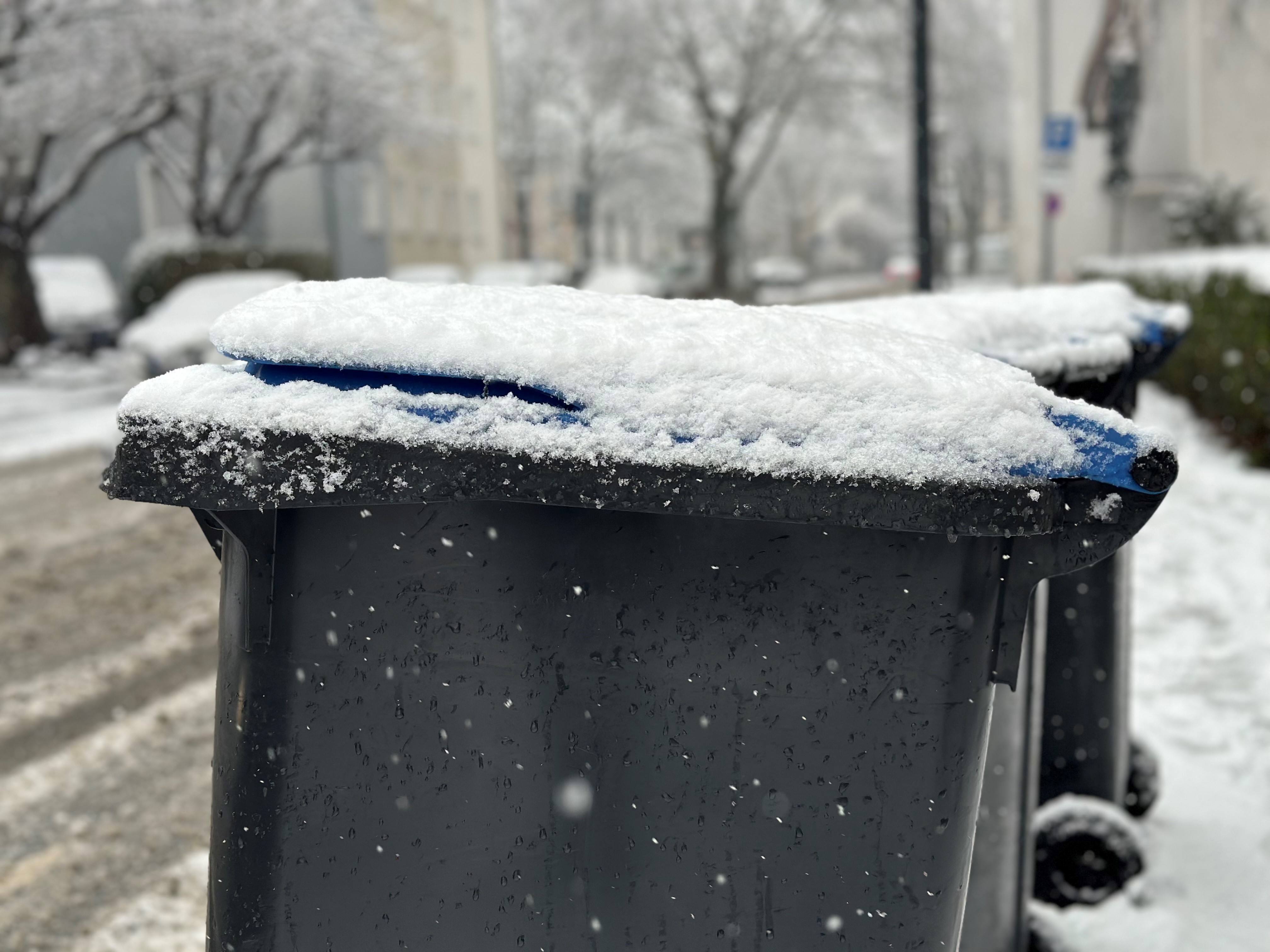 Mülltonne mit Schnee bedeckt 
