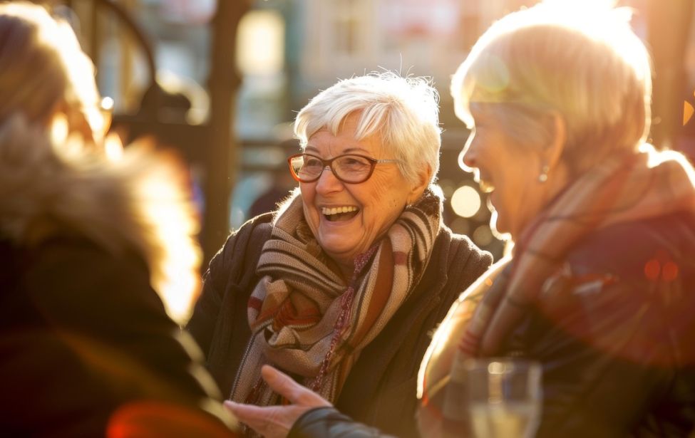 Fotografie einer Gruppe von Seniorinnen, die sich lachend unterhält