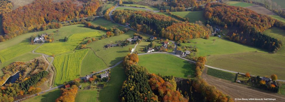 Luftbild von Hattingen mit grünen Wiesen und Feldern und herbstlichen Wäldern