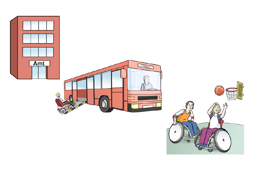Grafik von Amtgebäude, Buss mit Rollstuhlrampe und zwei Rollstuhlfahrern beim Basketballspielen
