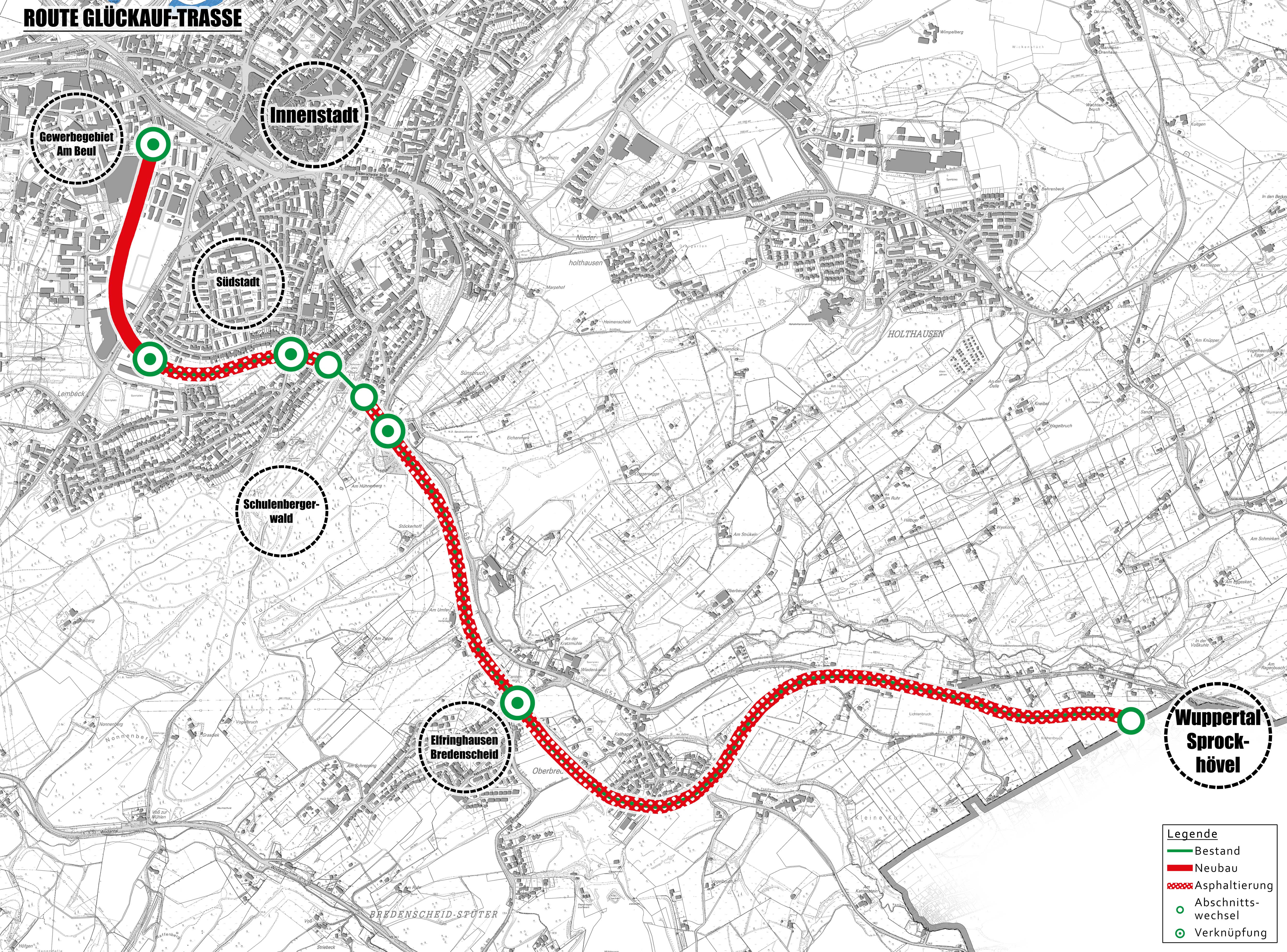 Verlauf der Glückauf-Trasse im Stadtplan Verlauf der Glückauf-Trasse im Stadtplan