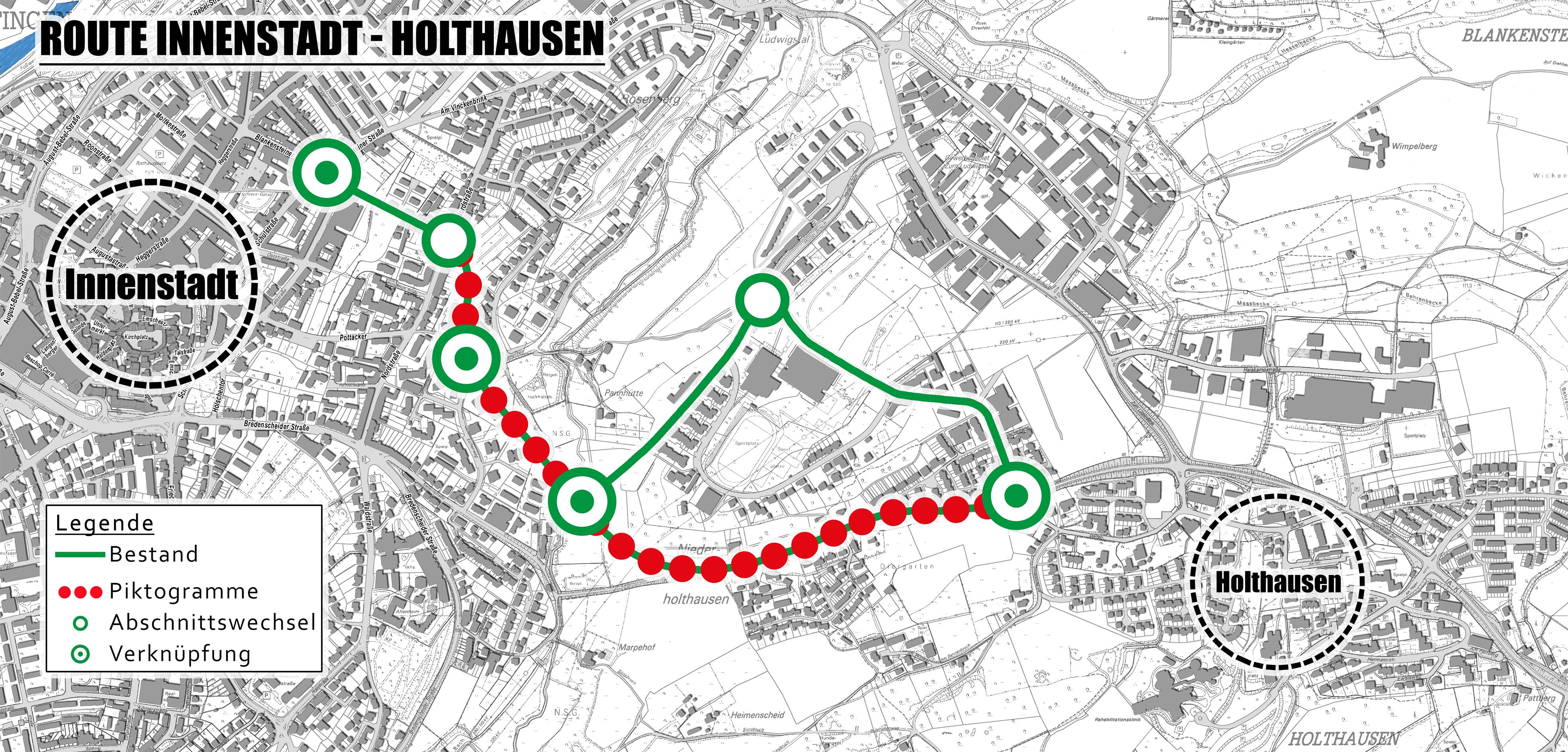 Verlauf der Route im Stadtplan Verlauf der Route im Stadtplan