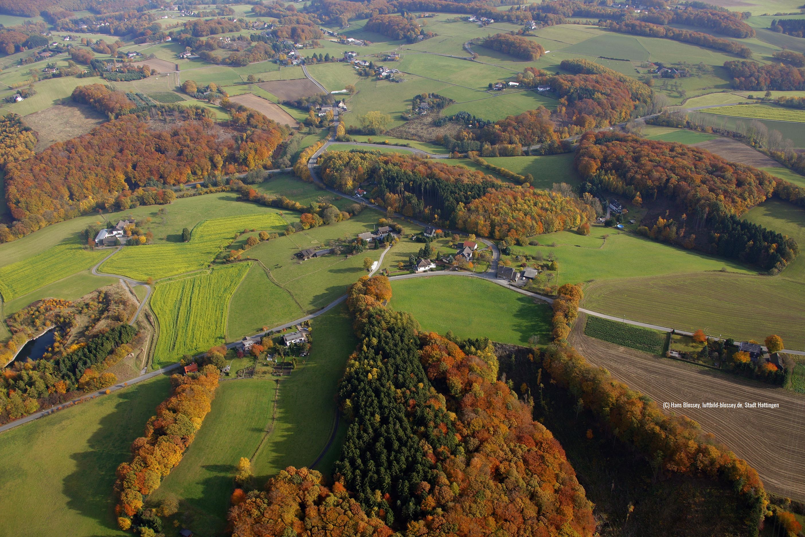 Luftbild von Hattingen mit grünen Wiesen und Feldern und herbstlichen Wäldern